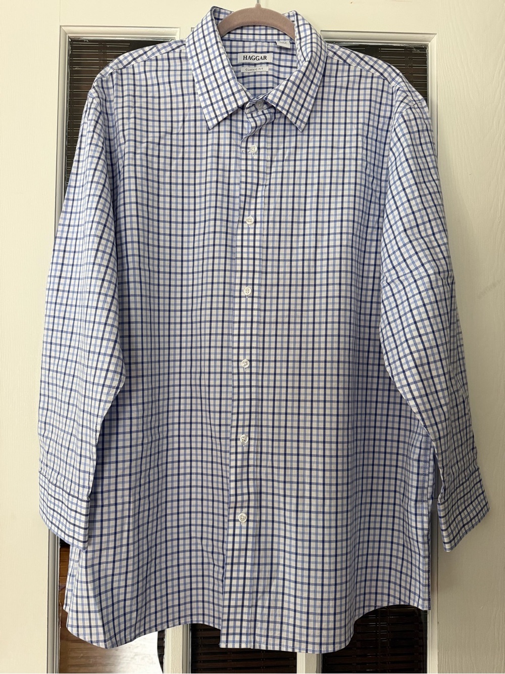 Haggar Premium Men's 17-17.5 32/33 Blue White Button Collared Shirt‎ | SKU 0638
